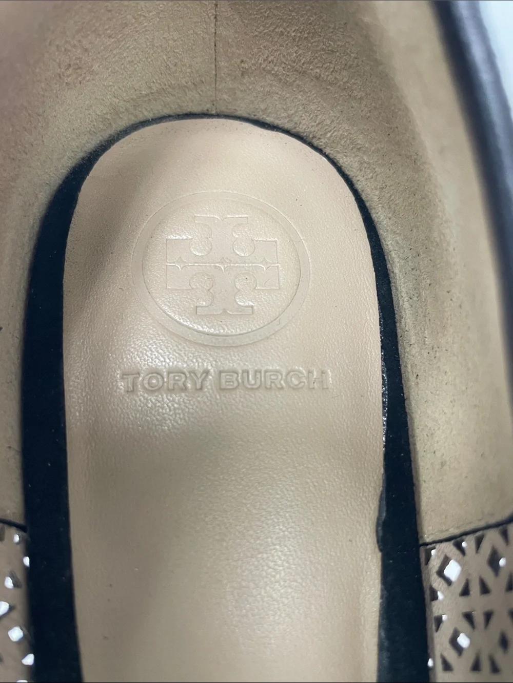 Tory Burch Black Laser-Cut Peep-Toe Pumps, Size 8.5